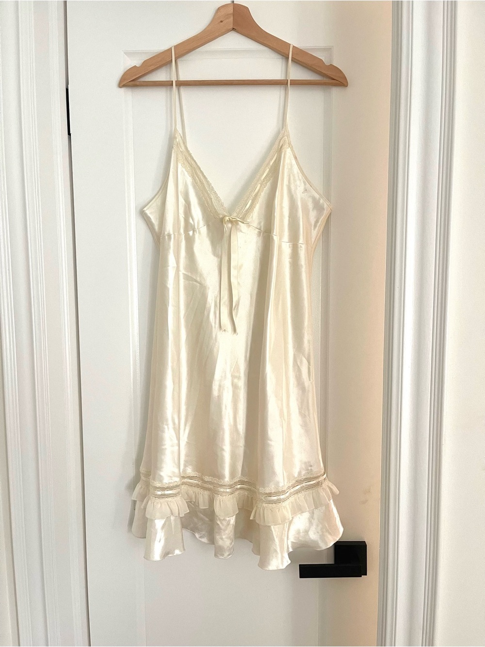Vintage Cream Satin Slip Dress with Ruffle Hem